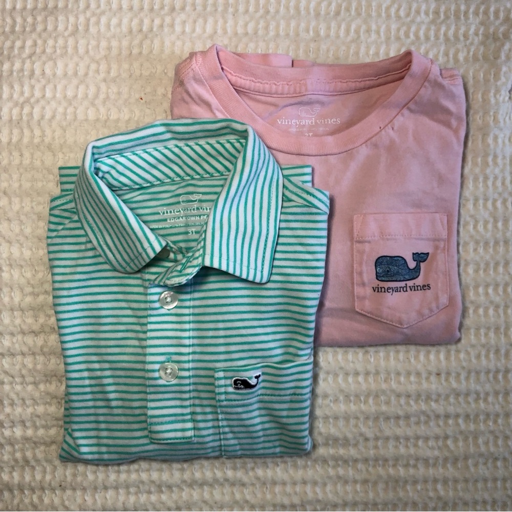 Vineyard Vines Toddler Pink Pocket Tee & Mint-Striped Polo Set Size 3T